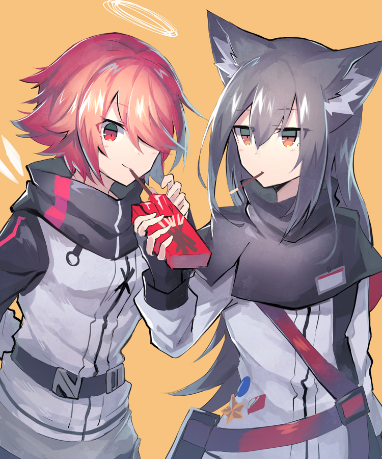 2girls animal_ear_fluff animal_ears arknights bangs black_gloves black_hair commentary_request detached_wings eating expressionless exusiai_(arknights) eyebrows_visible_through_hair fingerless_gloves food food_in_mouth gloves hair_between_eyes hair_over_one_eye halo holding holding_food jacket long_hair long_sleeves multiple_girls orange_background orange_eyes pocky red_eyes redhead sasa_onigiri short_hair simple_background smile texas_(arknights) upper_body white_jacket wings wolf_ears