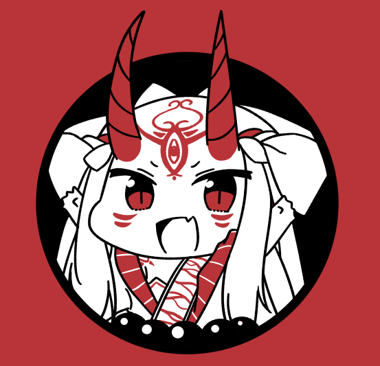 1girl :d beads chibi facial_mark fate/grand_order fate_(series) hands_up horns ibaraki_douji_(fate/grand_order) ibuki_notsu long_hair looking_at_viewer monochrome open_mouth prayer_beads red_background red_eyes red_theme simple_background slit_pupils smile solo