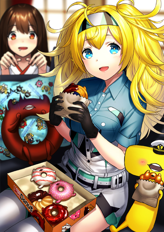 /\/\/\ 2girls akagi_(kantai_collection) blonde_hair blue_eyes blue_shirt blush breast_pocket breasts brown_eyes brown_hair collared_shirt commentary_request doughnut eating enemy_lifebuoy_(kantai_collection) eyebrows_visible_through_hair food gambier_bay_(kantai_collection) gloves hair_between_eyes hairband hungry japanese_clothes kantai_collection kimono large_breasts long_hair looking_at_viewer multicolored multicolored_clothes multicolored_gloves multiple_girls open_mouth pillow pocket shirt short_sleeves shorts sitting straight_hair t-head_admiral thigh-highs twintails unowen white_legwear window