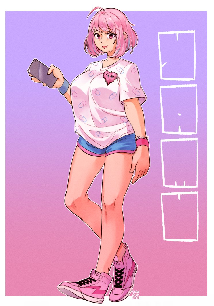 1girl ahoge breasts cellphone holding holding_phone idolmaster idolmaster_cinderella_girls large_breasts looking_at_viewer phone pink_eyes pink_hair shoes short_hair smartphone smile sneakers snowcie solo yumemi_riamu