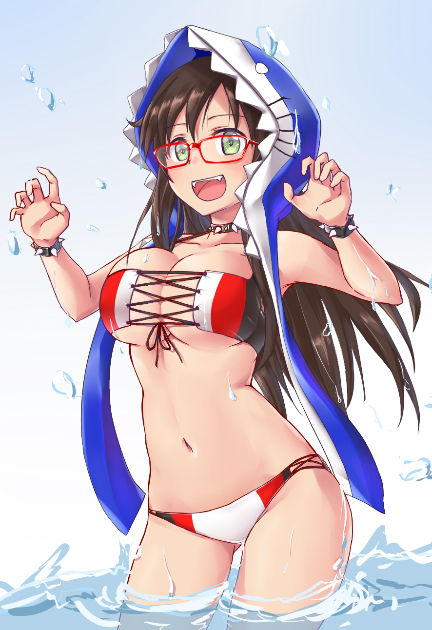 1girl :d aimobake animal_costume bespectacled bikini bracelet brown_hair claw_pose commentary competition_swimsuit cowboy_shot droplet eyepatch_bikini fangs glasses green_eyes highres himekawa_yuki idolmaster idolmaster_cinderella_girls jewelry long_hair looking_at_viewer navel one-piece_swimsuit open_mouth red-framed_eyewear red_bikini shark_costume skindentation smile solo spiked_bracelet spikes splashing standing swimsuit wading water