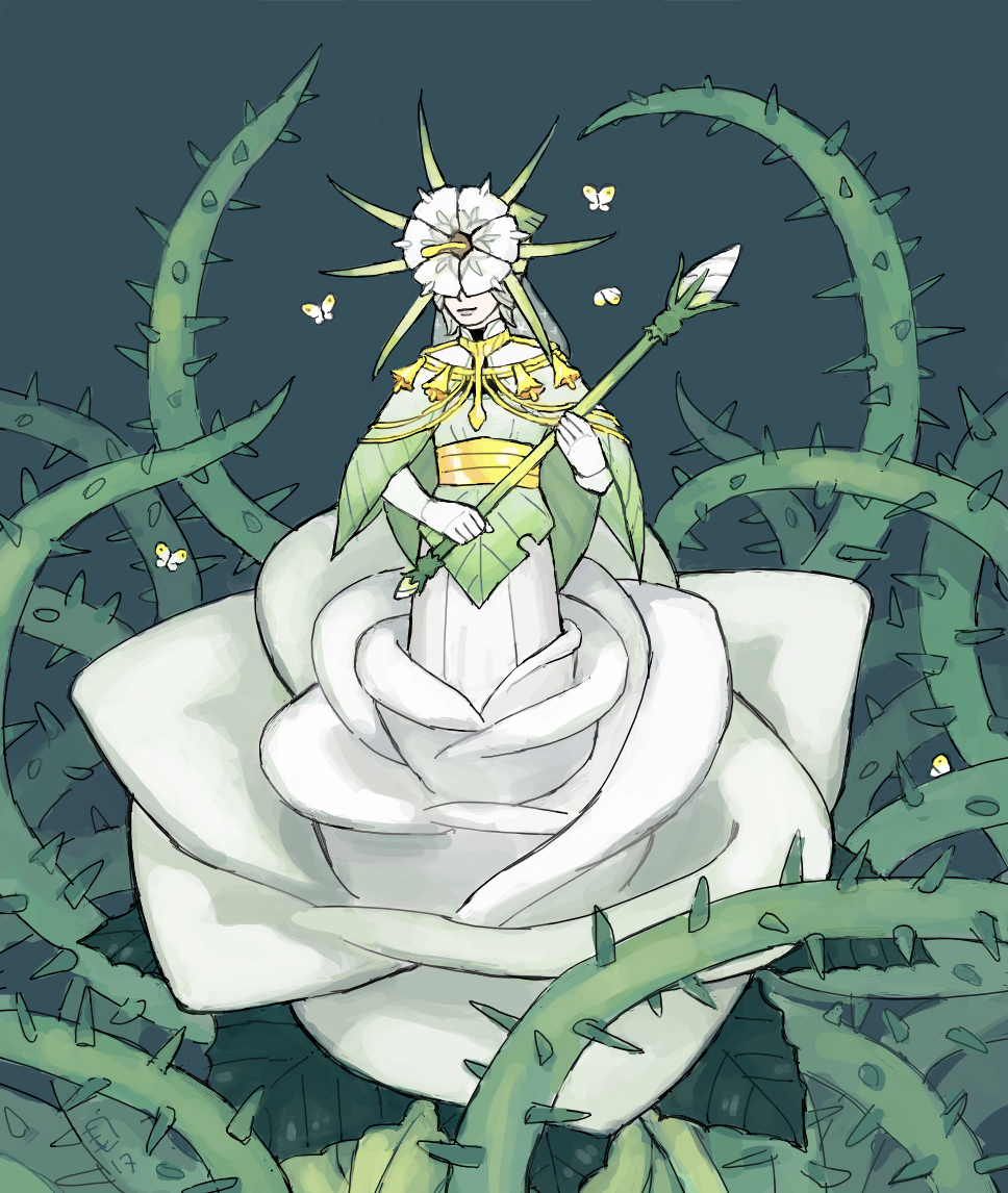 1boy bell bug butterfly closed_mouth covered_eyes dark_souls dark_sun_gwyndolin emlan flower green_background green_capelet green_theme headpiece holding insect pale_skin plant plant_boy rose sash simple_background smile solo souls_(from_software) tentacles thorns vines white_flower white_rose white_skin