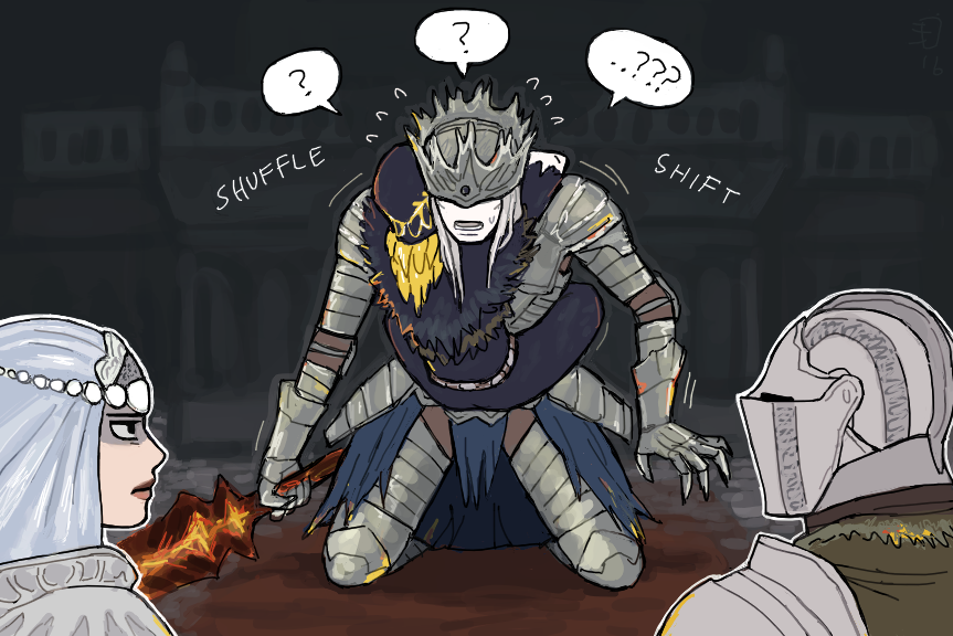 1girl 3boys ? ?? black_eyes breastplate chosen_undead closed_mouth dark_souls_iii emlan faulds gauntlets greaves helmet holding holding_sword holding_weapon hug jitome kneeling lorian_(elder_prince) lothric_(younger_prince) multiple_boys parody sirris_of_the_sunless_realms souls_(from_software) spoken_question_mark sword veil waist_cape weapon white_skin