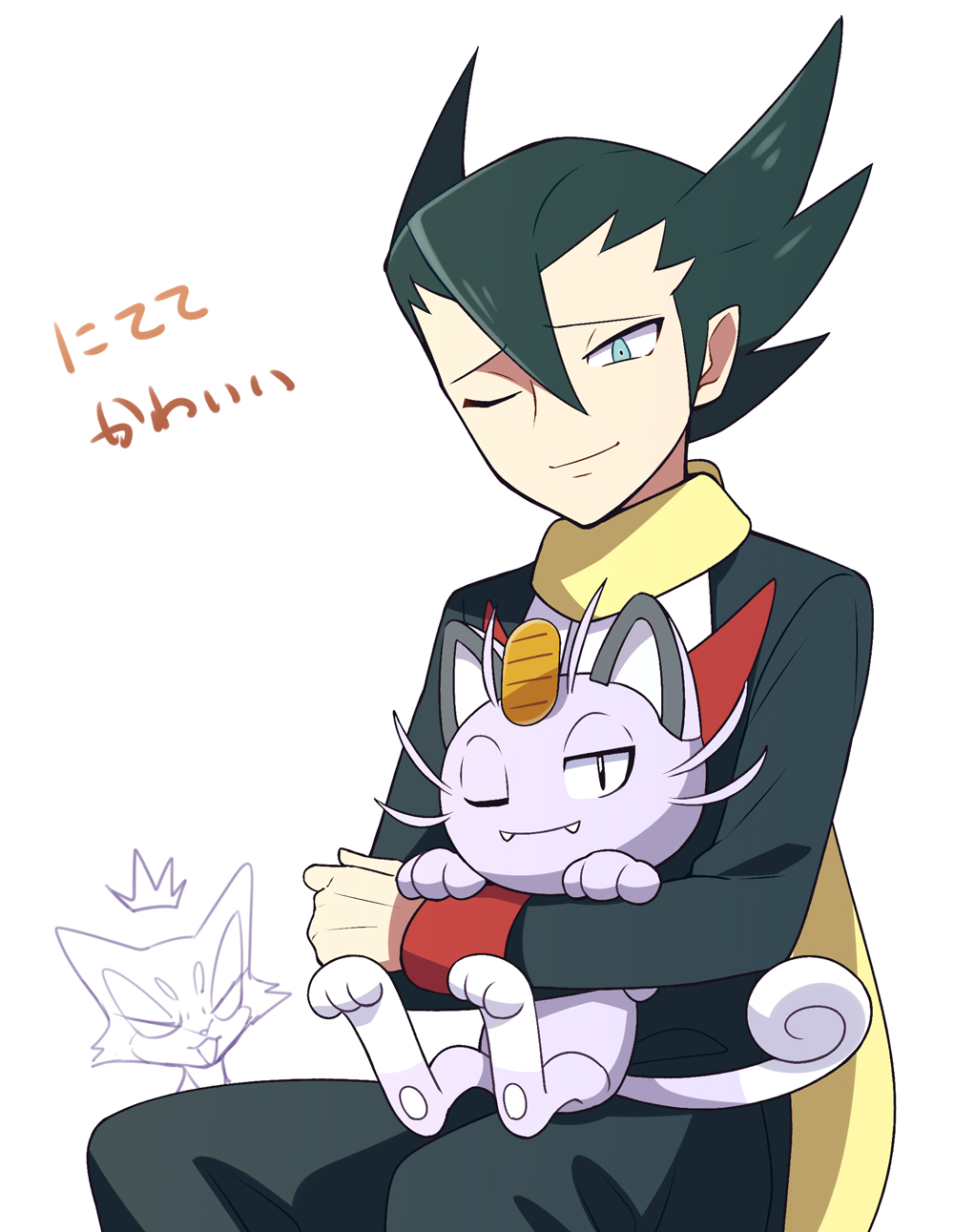 /\/\/\ 1boy alolan_form alolan_meowth bangs black_jacket black_pants closed_mouth commentary_request gen_5_pokemon gen_7_pokemon green_hair grimsley_(pokemon) hair_between_eyes highres jacket lobolobo2010 long_sleeves on_lap one_eye_closed pants partially_colored pokemon pokemon_(creature) pokemon_(game) pokemon_bw pokemon_on_lap purrloin scarf smile white_background yellow_scarf