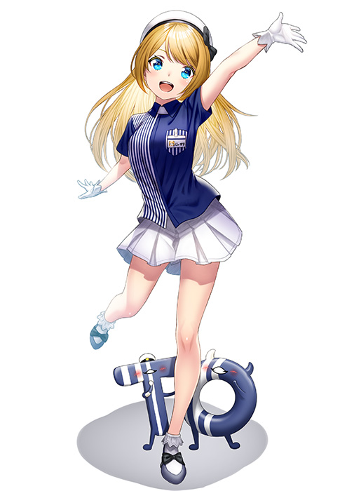 1girl arm_up bangs blonde_hair blue_eyes blush bow commentary_request employee_uniform enemy_lifebuoy_(kantai_collection) eyebrows_visible_through_hair gloves hair_between_eyes hat implied_pantyshot jervis_(kantai_collection) kantai_collection lawson legs long_hair looking_at_viewer non-human_admiral_(kantai_collection) open_mouth sailor_hat simple_background skirt smile solo standing t-head_admiral uniform unowen white_background white_gloves white_headwear
