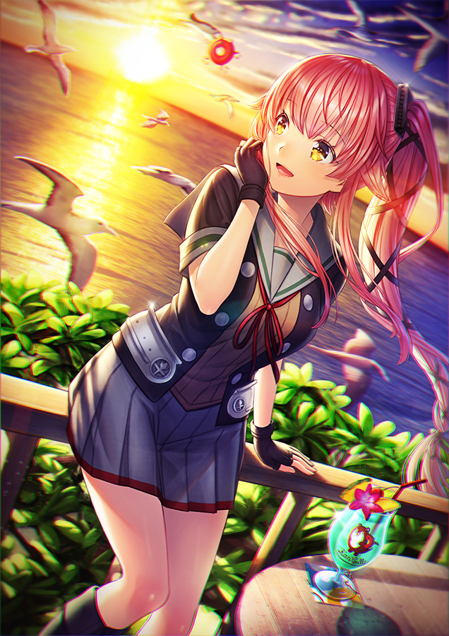 1girl animal bird black_gloves black_ribbon blush bokukawauso boots breasts buttons clouds cocktail commentary_request cup drink drinking_glass drinking_straw enemy_lifebuoy_(kantai_collection) eyebrows_visible_through_hair flower gloves hair_between_eyes hair_flaps hair_ribbon horizon kantai_collection knee_boots leaf long_hair looking_to_the_side medium_breasts neck_ribbon ocean outdoors partially_fingerless_gloves pink_hair pleated_skirt red_ribbon remodel_(kantai_collection) ribbon sailor_collar school_uniform seagull serafuku short_sleeves side_ponytail skirt sky smile solo standing sunset unowen very_long_hair water yellow_eyes yura_(kantai_collection)
