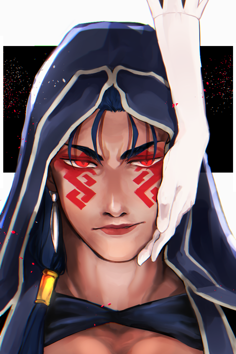 1boy 1girl angry beads blue_hair bodypaint cu_chulainn_(fate)_(all) cu_chulainn_alter_(fate/grand_order) earrings facepaint fate/grand_order fate_(series) frown gloves hair_beads hair_ornament hand_on_another's_head highres hood hood_up jewelry long_hair medb_(fate)_(all) medb_(fate/grand_order) ponytail red_eyes sid_smile_love slit_pupils type-moon white_gloves