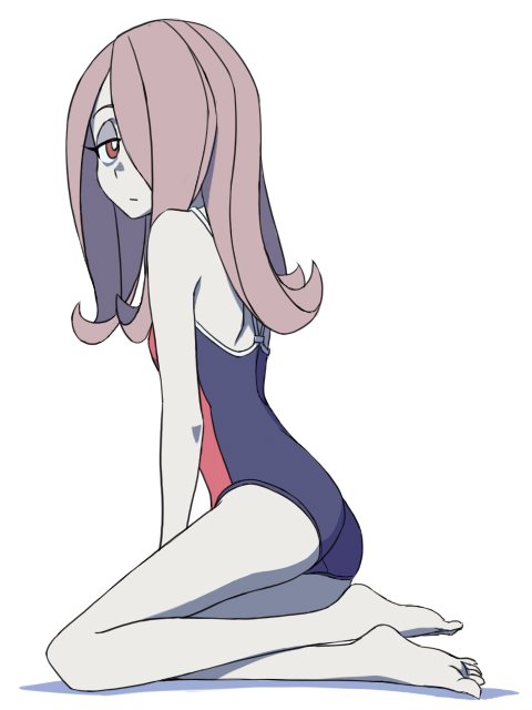 1girl hair_over_one_eye light_purple_hair little_witch_academia long_hair one-piece_swimsuit pale_skin pink_hair satochi_(twitter) sucy_manbavaran swimsuit witch