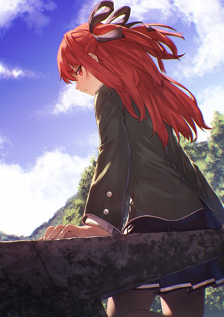 1girl bench blue_skirt blue_sky brown_legwear brown_ribbon clouds cloudy_sky copyright_request day foreshortening from_behind from_side grey_jacket hair_ribbon ibuki_notsu jacket long_sleeves looking_at_viewer looking_back outdoors pantyhose parted_lips pleated_skirt red_eyes redhead ribbon sideways_glance sitting skirt sky