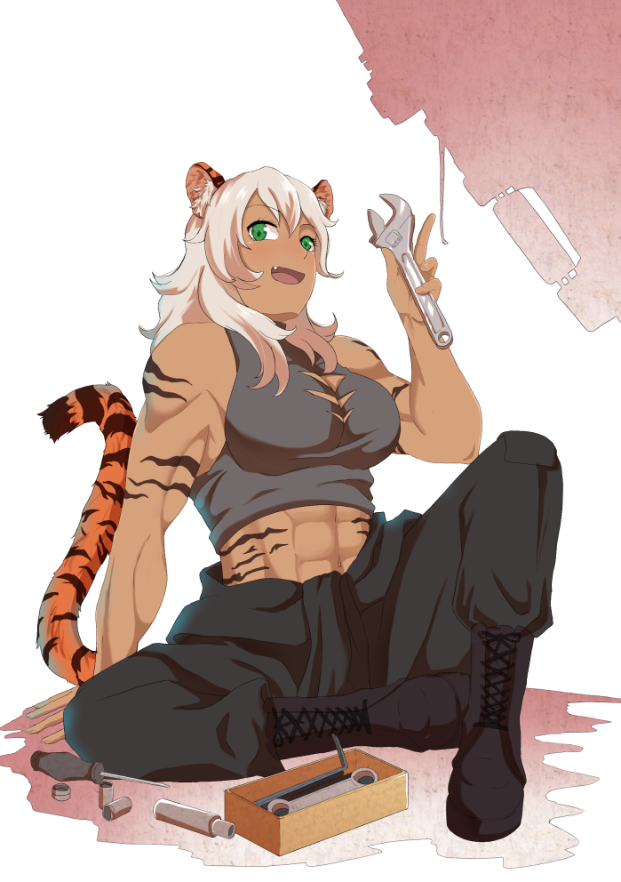 1girl :d abs animal_ears boots borrowed_character breasts commission english_commentary eyebrows_visible_through_hair fang green_eyes hand_on_floor kapiten70 large_breasts long_hair muscle muscular_female open_mouth original pants screwdriver sitting smile solo tail tiger_ears tiger_tail toolbox white_hair wrench