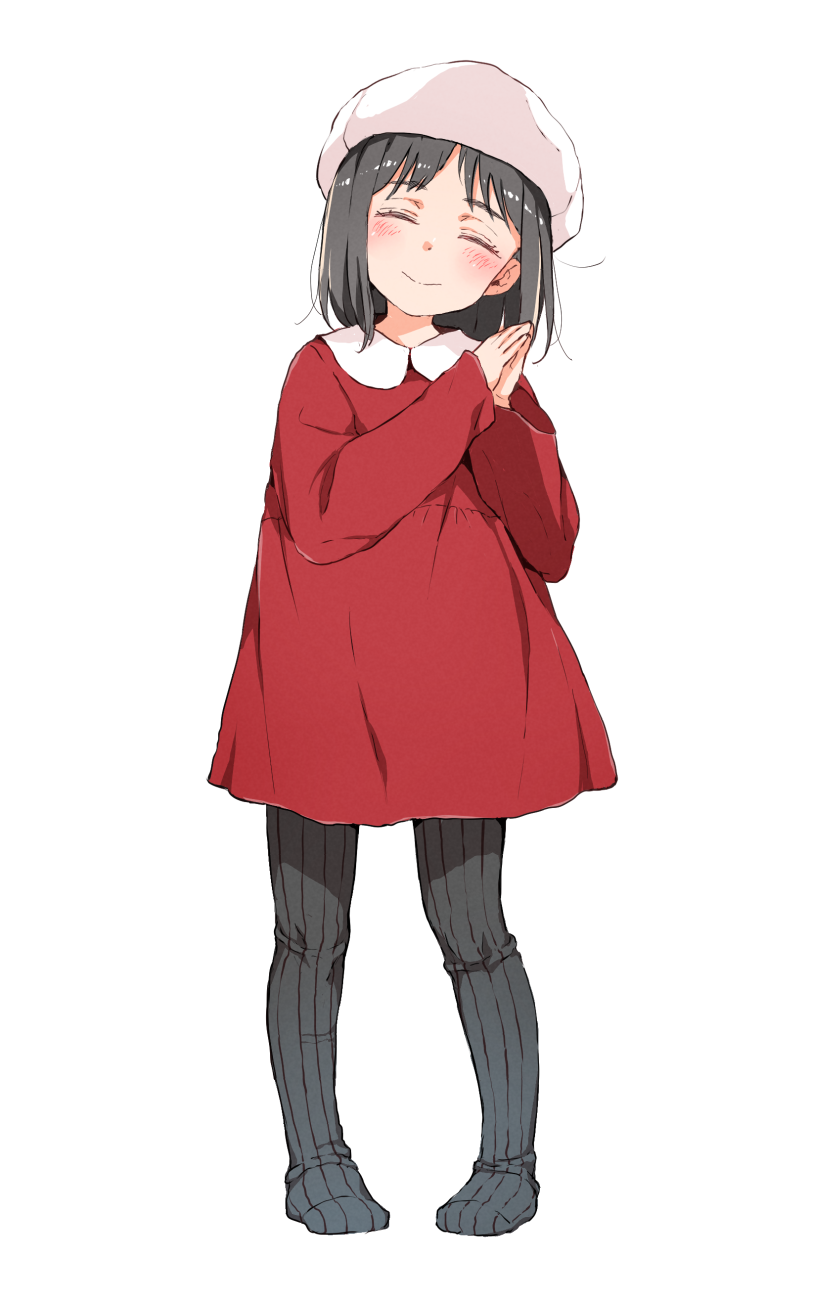 1girl ^_^ bangs beret black_hair black_legwear blush closed_eyes closed_mouth collared_dress dress eyebrows_visible_through_hair facing_viewer full_body gomennasai hands_together hands_up hat head_tilt highres long_sleeves no_shoes original own_hands_together palms_together pantyhose red_dress simple_background sleeves_past_wrists smile solo standing tights_day white_background white_headwear