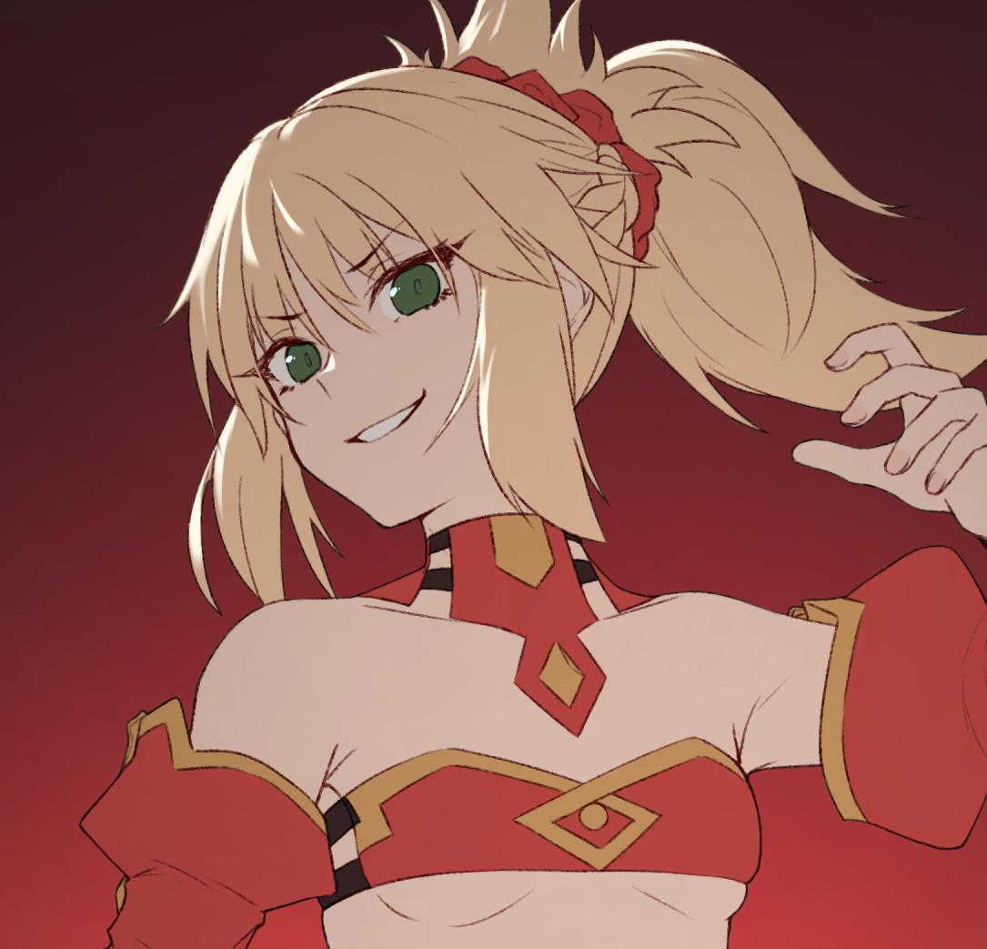 1girl bare_shoulders blonde_hair braid breasts detached_sleeves eyebrows_visible_through_hair fate/apocrypha fate_(series) fingernails french_braid gradient gradient_background green_eyes grin hand_up ibuki_notsu juliet_sleeves long_hair long_sleeves looking_at_viewer mordred_(fate) mordred_(fate)_(all) ponytail puffy_detached_sleeves puffy_sleeves red_background small_breasts smile solo strapless tubetop upper_body