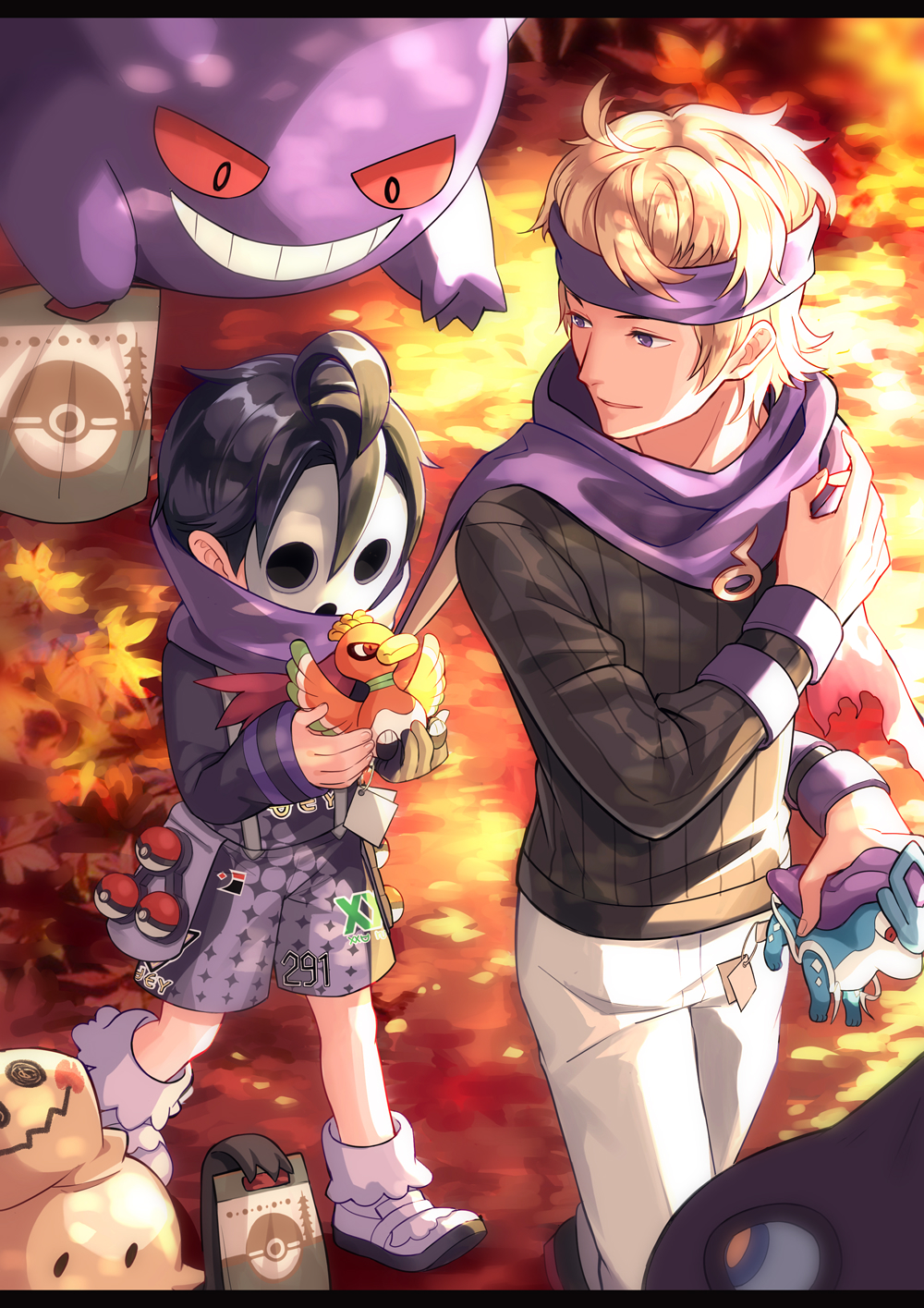 2boys ahoge allister_(pokemon) bag black_hair black_sweater blonde_hair character_doll chen_(artist) commentary_request doll gen_1_pokemon gen_2_pokemon gen_7_pokemon gengar gloves gym_leader headband highres ho-oh holding holding_doll legendary_pokemon long_sleeves male_focus mask mimikyu morty_(pokemon) multiple_boys number outdoors pants paper_bag poke_ball poke_ball_(basic) pokemon pokemon_(creature) pokemon_(game) pokemon_hgss pokemon_swsh purple_scarf ribbed_sweater scarf shirt shoes shorts single_glove standing suicune suspender_shorts suspenders sweater violet_eyes white_pants