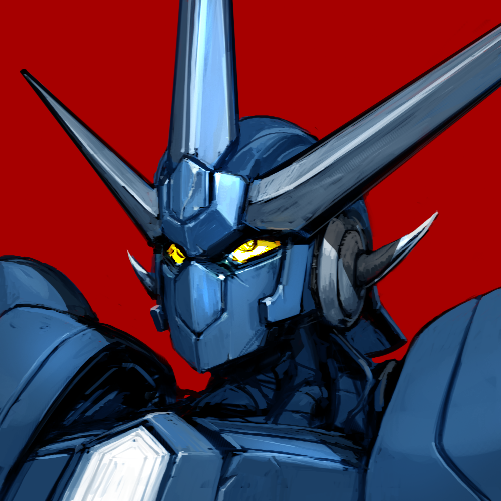 close-up getter_go getter_robo getter_robo_go horns ksenolog looking_up mecha no_humans red_background science_fiction solo super_robot yellow_eyes