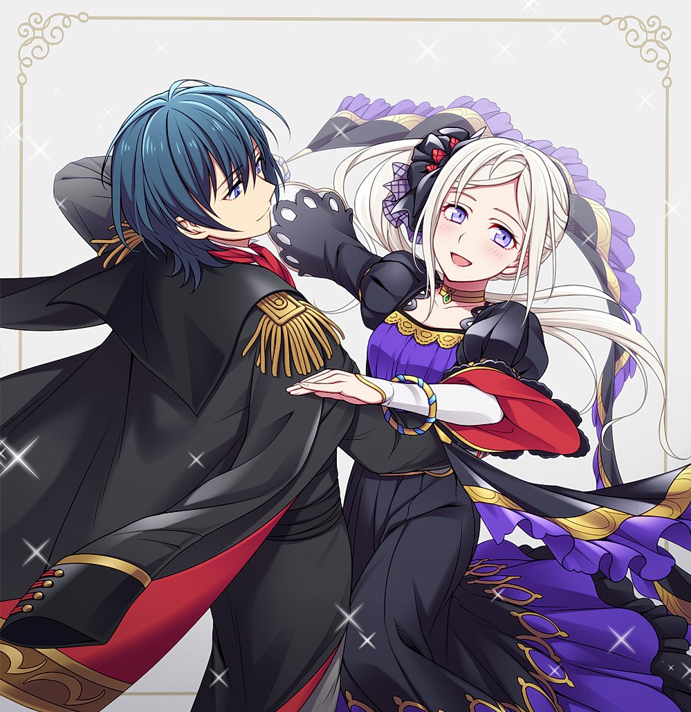 1boy 1girl alternate_costume blue_eyes blue_hair byleth_(fire_emblem) byleth_eisner_(male) choker closed_mouth dress edelgard_von_hresvelg fire_emblem fire_emblem:_three_houses hiyori_(rindou66) long_hair long_sleeves open_mouth short_hair side_ponytail violet_eyes white_hair