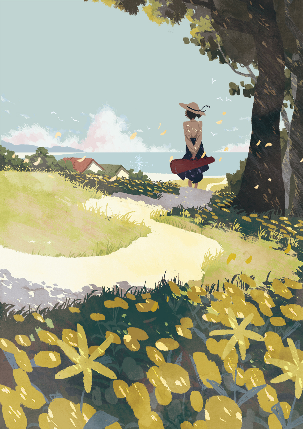 1girl black_skirt blue_sky building clouds cloudy_sky flower from_behind grass hat hat_ribbon highres holding joze long_sleeves original outdoors path ribbon shirt skirt sky solo tree white_headwear white_shirt yellow_flower
