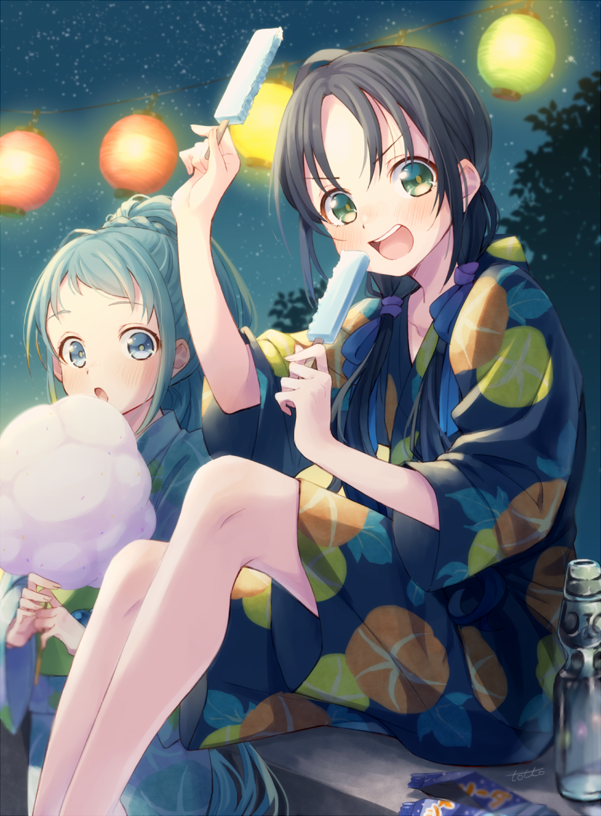 2girls aqua_hair bangs black_hair blue_eyes commentary_request cotton_candy festival food green_eyes high_ponytail japanese_clothes kantai_collection kimono lantern long_hair looking_at_viewer low_twintails multiple_girls night paper_lantern popsicle ramune samidare_(kantai_collection) shorts sitting sky star_(sky) starry_sky summer_festival suzukaze_(kantai_collection) swept_bangs totto_(naka) twintails yukata