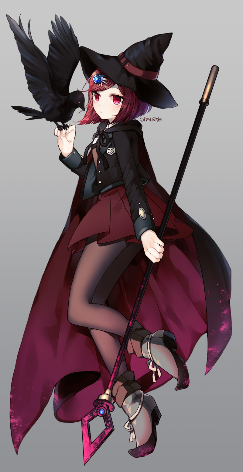 1girl animal_on_hand bangs bird black_cape black_footwear black_headwear black_legwear boots cape crow dalrye_v3 dangan_ronpa full_body gem grey_background hair_ornament hairclip hat highres holding holding_staff jacket long_sleeves looking_at_viewer new_dangan_ronpa_v3 pantyhose pleated_skirt red_cape red_eyes red_skirt redhead school_uniform short_hair simple_background skirt smile solo staff witch_hat yumeno_himiko