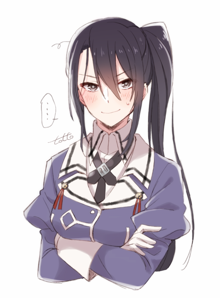 1girl black_hair blush brown_eyes commentary_request crossed_arms gloves jacket juliet_sleeves kantai_collection long_hair long_sleeves looking_at_viewer nachi_(kantai_collection) puffy_sleeves purple_jacket remodel_(kantai_collection) side_ponytail solo sweatdrop totto_(naka) uniform upper_body white_background white_gloves