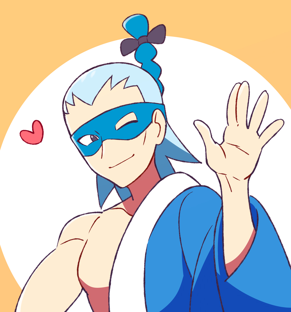 1boy black_eyes blue_hair brycen_(pokemon) closed_mouth commentary_request eye_mask gym_leader hand_up heart lobolobo2010 male_focus one_eye_closed pokemon pokemon_(game) pokemon_bw smile solo two-tone_background upper_body waving