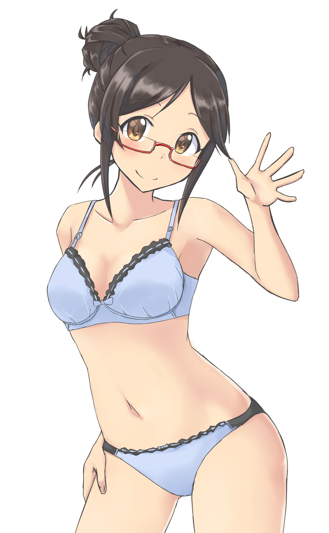 1girl aimobake bangs bespectacled black_hair blue_bra blue_panties blush bow bow_bra bra breasts brown_eyes closed_mouth cowboy_shot glasses hair_bun hand_on_hip head_tilt highres idolmaster idolmaster_cinderella_girls looking_at_viewer medium_breasts momoi_azuki navel panties red-framed_eyewear sidelocks simple_background smile solo standing swept_bangs underwear underwear_only waving white_background