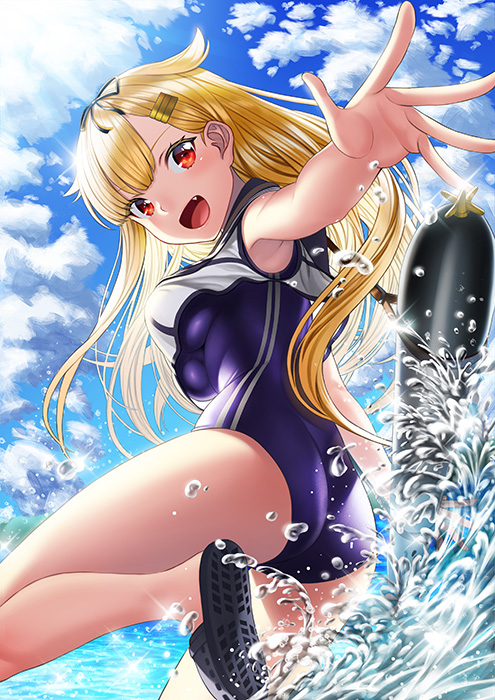 1girl :d alternate_costume ass bangs beach blonde_hair blue_sky blush breasts clouds cosplay crop_top day diffraction_spikes fang hair_between_eyes hair_flaps hair_ornament hair_ribbon hairclip kantai_collection large_breasts long_hair looking_at_viewer ocean one-piece_swimsuit open_mouth outdoors red_eyes remodel_(kantai_collection) ribbon ro-500_(kantai_collection) ro-500_(kantai_collection)_(cosplay) sailor_collar school_swimsuit sky smile solo swimsuit swimsuit_under_clothes torpedo unowen water yuudachi_(kantai_collection)