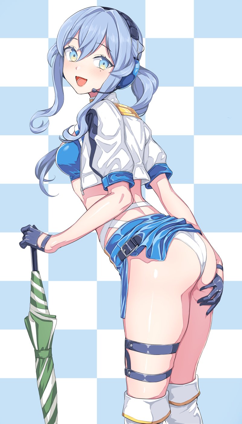 1girl alternate_costume ass ass_grab bangs blue_eyes blue_hair blush breasts checkered checkered_background commentary_request eyebrows_visible_through_hair gloves gotland_(kantai_collection) grabbing_own_ass hand_on_ass headphones highres kantai_collection kneehighs kumadano long_hair looking_at_viewer medium_breasts mole mole_under_eye open_mouth ponytail racequeen sidelocks simple_background skirt smile solo symbol-shaped_pupils thigh_strap umbrella