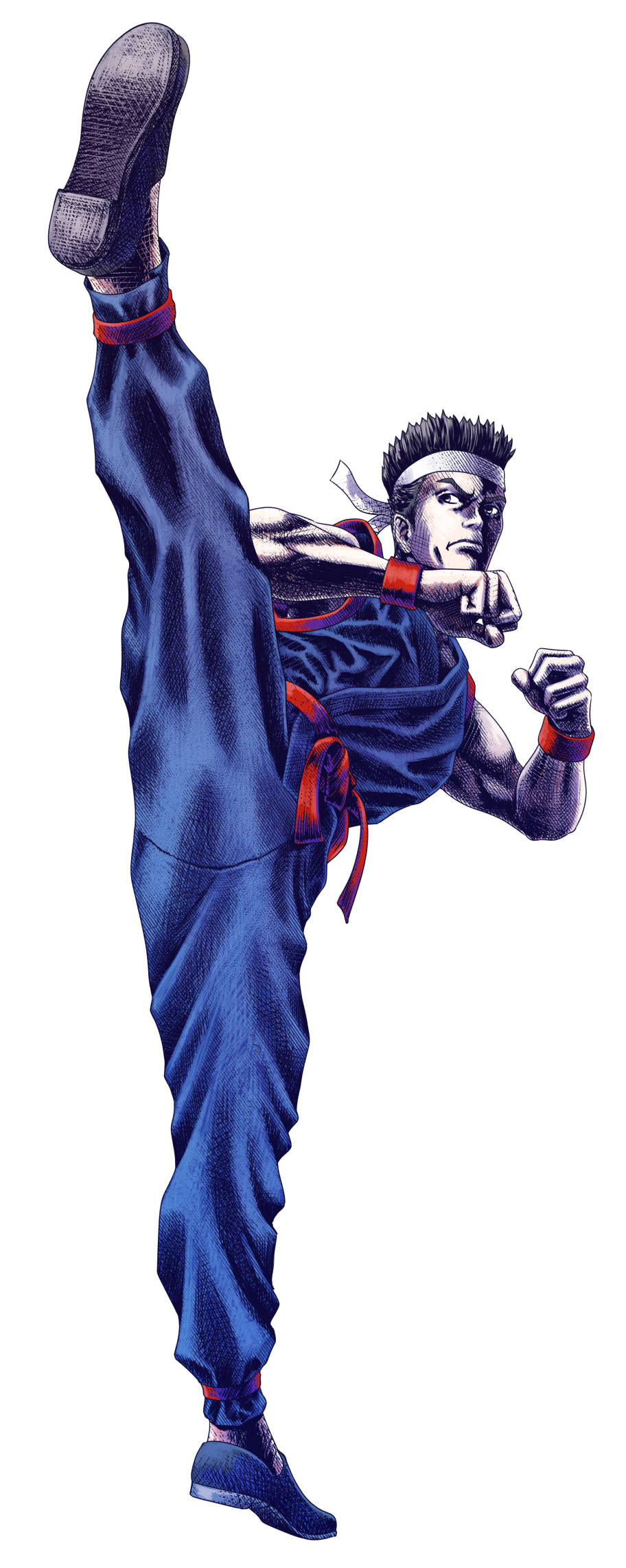 1boy belt black_hair clenched_hands commentary_request dougi flats full_body headband high_kick highres horiki_yoichiro karate_gi kicking official_alternate_costume red_belt retro_artstyle solo spiky_hair virtua_fighter white_background white_headband wristband yuki_akira