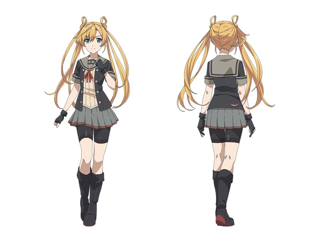 1girl abukuma_(kancolle) abukuma_kai_ni_(kancolle) bike_shorts bike_shorts_under_skirt black_footwear black_gloves black_shorts blonde_hair blue_eyes boots breasts double_bun gloves grey_sailor_collar grey_skirt hair_bun hair_rings kantai_collection kantai_collection_(anime) knee_boots long_hair miniskirt multiple_views neck_ribbon noumi_chika official_art partially_fingerless_gloves pleated_skirt red_ribbon ribbon sailor_collar school_uniform serafuku short_sleeves shorts shorts_under_skirt skirt small_breasts twintails