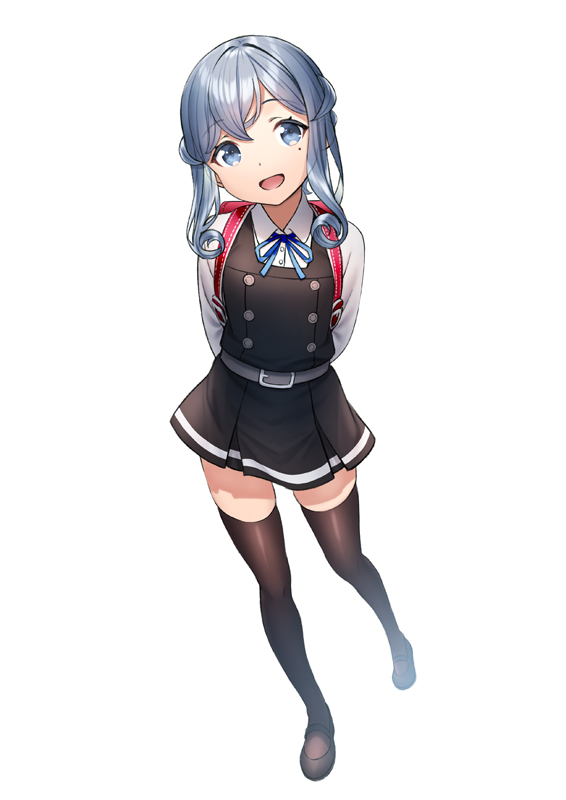 1girl asashio_(kantai_collection) asashio_(kantai_collection)_(cosplay) black_legwear blue_eyes blue_hair blush brown_footwear commentary_request cosplay dress eyebrows_visible_through_hair fading full_body gotland_(kantai_collection) hair_between_eyes hair_bun kantai_collection long_hair long_sleeves looking_at_viewer mole mole_under_eye neck_ribbon open_mouth pinafore_dress remodel_(kantai_collection) ribbon school_uniform shirt simple_background solo thigh-highs unowen white_background white_shirt younger