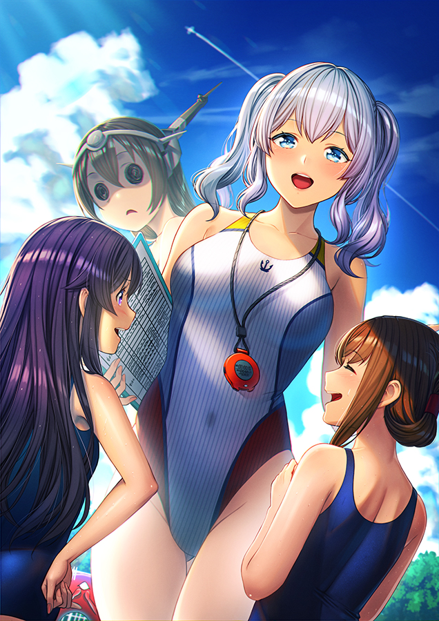 4girls @_@ abyssal_ship akatsuki_(kantai_collection) anchor_symbol black_hair blue_eyes blue_swimsuit blush breasts brown_hair closed_eyes clouds collarbone commentary_request competition_swimsuit day enemy_lifebuoy_(kantai_collection) eyebrows_visible_through_hair folded_ponytail hair_between_eyes headgear inazuma_(kantai_collection) kantai_collection kashima_(kantai_collection) large_breasts long_hair multiple_girls nagato_(kantai_collection) one-piece_swimsuit open_mouth purple_hair school_swimsuit shaded_face short_hair silver_hair sky smile swimsuit twintails unowen violet_eyes