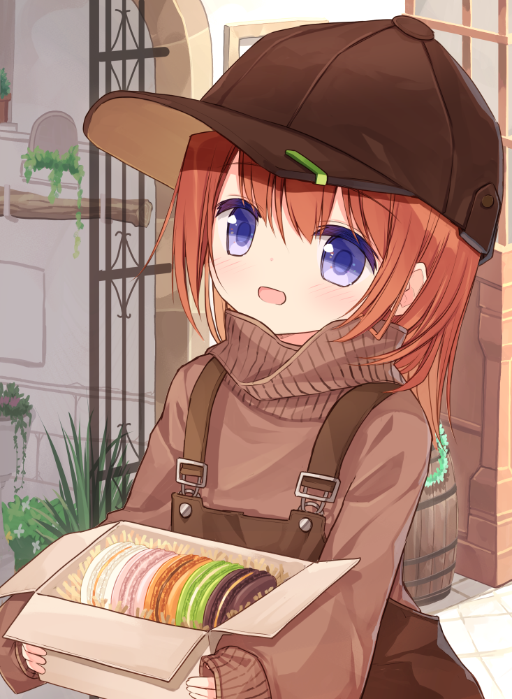 1girl :d bangs baseball_cap blue_eyes blush box brown_hair brown_headwear brown_sweater eyebrows_visible_through_hair hair_between_eyes hat holding holding_box long_hair long_sleeves looking_at_viewer open_mouth original overalls pastry_box puffy_long_sleeves puffy_sleeves red_girl_(yuuhagi_(amaretto-no-natsu)) sidelocks sleeves_past_wrists smile solo sweater turtleneck turtleneck_sweater yuuhagi_(amaretto-no-natsu)