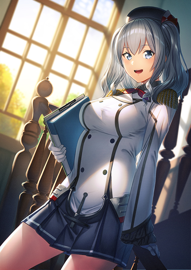 1girl beret black_skirt blue_eyes blush breasts epaulettes gloves hat jacket kantai_collection kashima_(kantai_collection) large_breasts long_hair long_sleeves looking_at_viewer military military_jacket military_uniform miniskirt neckerchief open_mouth pleated_skirt red_neckwear sidelocks silver_hair skirt smile solo tsurime twintails uniform unowen wavy_hair white_gloves white_jacket window