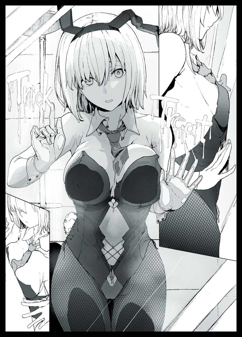 1girl against_glass animal_ears breast_press breasts breasts_on_glass bunny_girl bunny_tail detached_collar fate/grand_order fate_(series) fishnet_legwear fishnets hair_over_one_eye hand_on_glass highres large_breasts leotard mash_kyrielight necktie pantyhose rabbit_ears short_hair solo strapless strapless_leotard syatey tail trick_or_treat wrist_cuffs