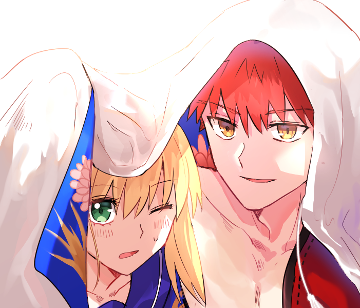 1boy 1girl appleale19 artoria_pendragon_(all) blonde_hair emiya_shirou face fate/grand_order fate/stay_night fate_(series) green_eyes korean_commentary limited/zero_over master_artoria one_eye_closed redhead role_reversal saber sengo_muramasa_(fate) smile under_covers what_if yellow_eyes