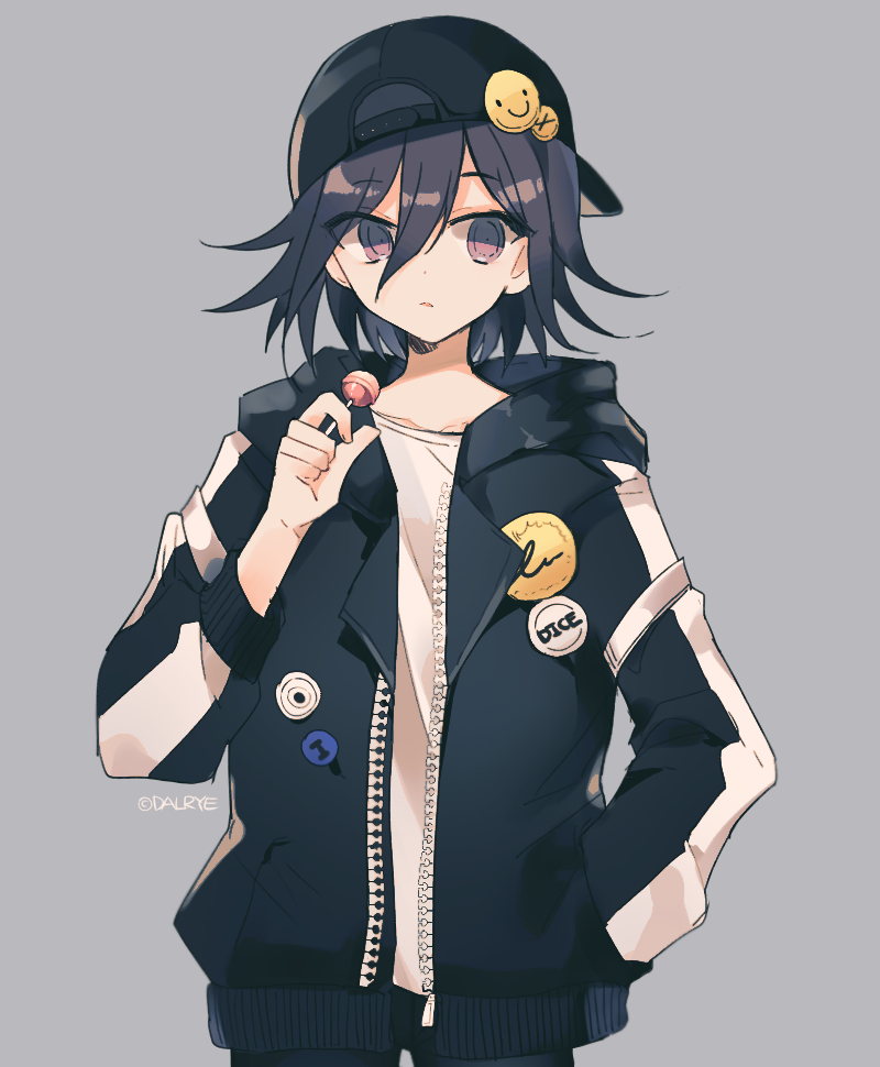 1boy alternate_costume bangs baseball_cap black_eyes black_hair black_headwear black_jacket black_pants candy dalrye_v3 dangan_ronpa emoji expressionless food grey_background hair_between_eyes hand_in_pocket hat holding holding_candy holding_food holding_lollipop hood hood_down hooded_jacket jacket lollipop looking_at_viewer male_focus new_dangan_ronpa_v3 open_clothes open_jacket ouma_kokichi pants shirt simple_background solo twitter_username white_jacket white_shirt