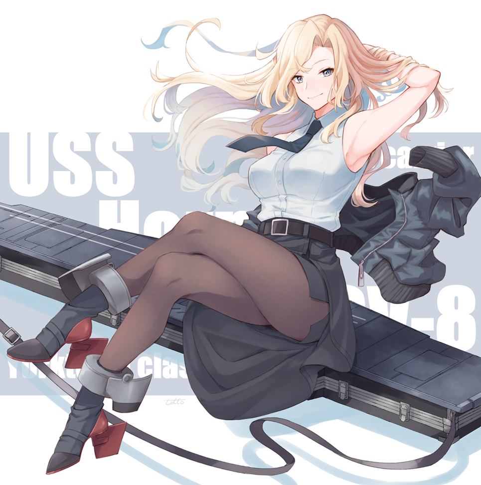 1girl arm_behind_head armpits belt black_belt black_jacket black_legwear black_neckwear black_skirt blonde_hair bomber_jacket breasts commentary_request dress_shirt flight_deck full_body grey_eyes high_heels hornet_(kantai_collection) jacket jacket_removed kantai_collection large_breasts long_hair looking_at_viewer necktie pantyhose shirt skirt sleeveless sleeveless_shirt solo totto_(naka) white_shirt wind