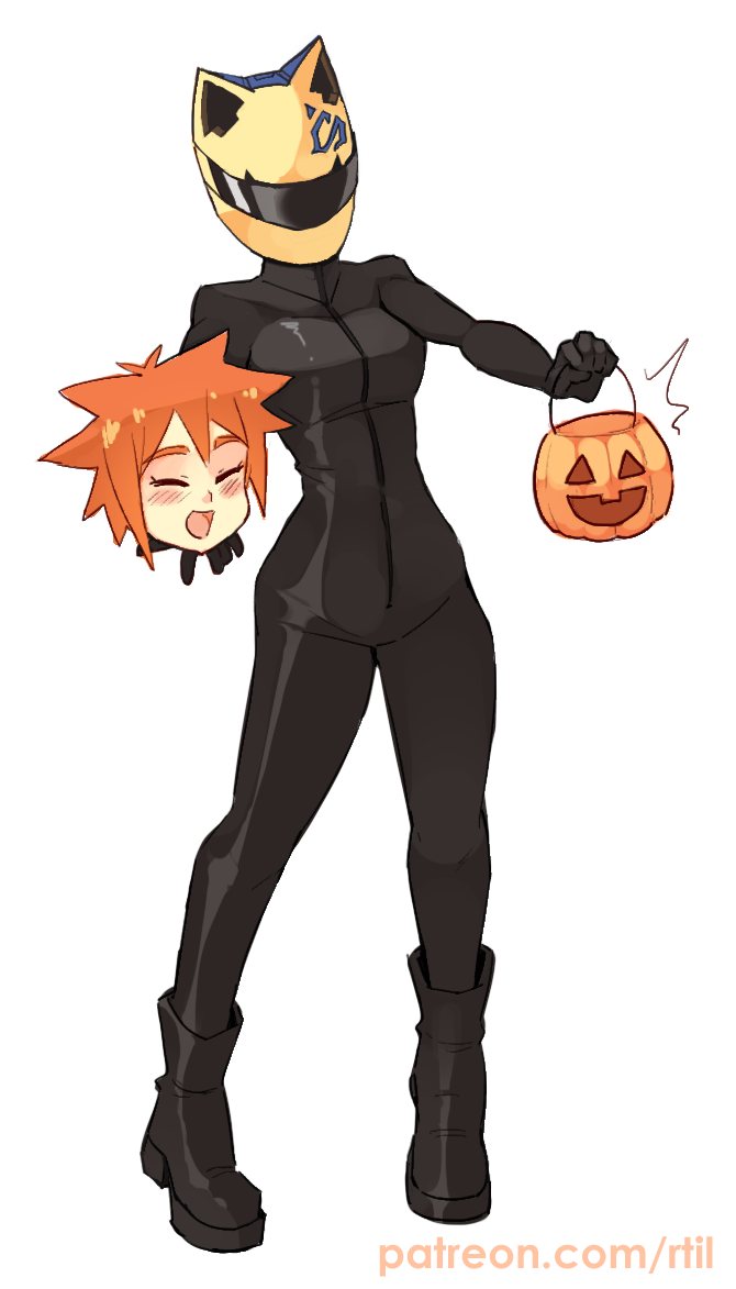 1girl :d animal_ears_helmet black_bodysuit black_footwear blush bodysuit boots celty_sturluson celty_sturluson_(cosplay) closed_eyes commentary cosplay demi-chan_wa_kataritai dullahan durarara!! facing_viewer full_body halloween halloween_basket helmet holding_head machi_kyouko motorcycle_helmet open_mouth orange_hair outstretched_arms rtil short_hair simple_background smile solo spiky_hair standing white_background