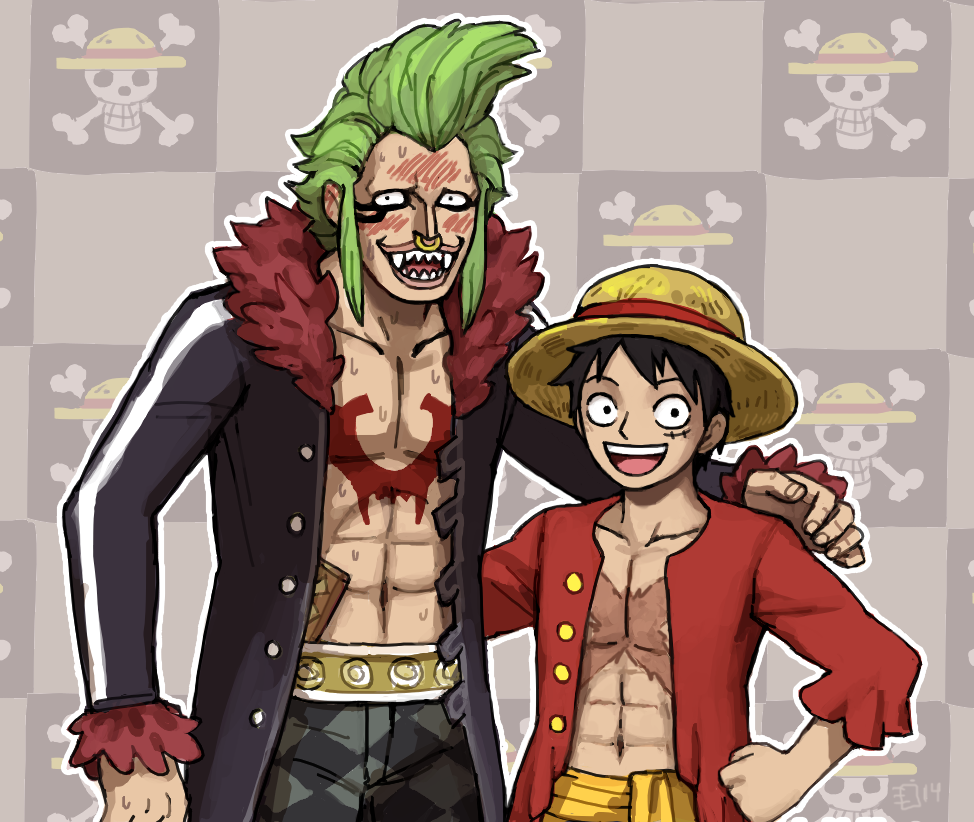 2boys :d bartolomeo belt black_hair blush chest_scar coat commentary embarrassed emlan english_commentary fangs green_hair grey_coat hand_on_hip hat height_difference hover_hand long_sleeves looking_at_viewer monkey_d_luffy multiple_boys navel nose_piercing nose_ring one_piece open_clothes open_coat open_mouth pants piercing sanpaku sash scar sharp_teeth shirtless skull_and_crossbones smile straw_hat teeth upper_teeth