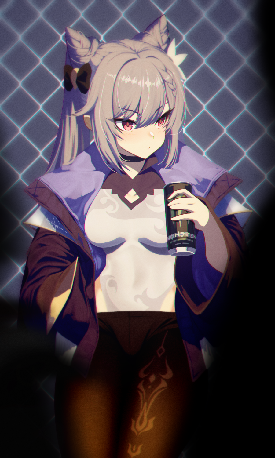 1girl bangs black_jacket black_shorts blush braid breasts brown_hair brown_legwear can closed_mouth commentary_request dev energy_drink eyebrows_visible_through_hair genshin_impact hair_between_eyes highres holding holding_can jacket keqing_(genshin_impact) legwear_under_shorts long_hair long_sleeves looking_away looking_to_the_side medium_breasts monster_energy open_clothes open_jacket pantyhose red_eyes shirt short_shorts shorts solo twintails v-shaped_eyebrows white_shirt wide_sleeves