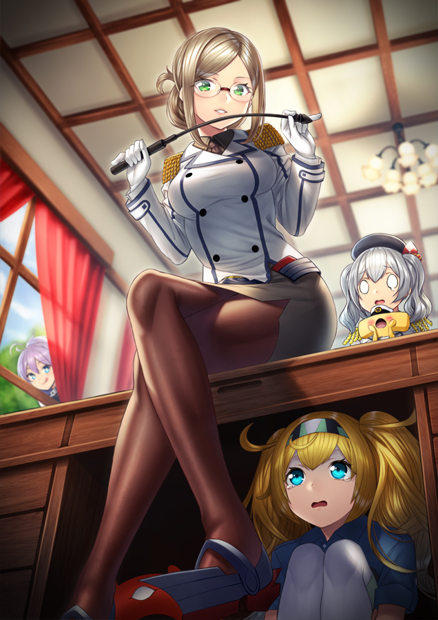 4girls :p aoba_(kantai_collection) bangs blonde_hair blue_eyes blush breasts brown_hair brown_legwear buttons ceiling ceiling_light closed_mouth collared_shirt commentary_request crossed_legs crying curtains desk double-breasted enemy_lifebuoy_(kantai_collection) epaulettes eyebrows_visible_through_hair folded_ponytail from_below gambier_bay_(kantai_collection) glasses gloves green_eyes hair_between_eyes hairband hat high_heels holding indoors jacket kantai_collection kashima_(kantai_collection) katori_(kantai_collection) legs light_brown_hair long_hair long_sleeves looking_at_another looking_at_viewer medium_breasts military military_uniform miniskirt multicolored multicolored_clothes multiple_girls open_mouth pantyhose parted_bangs peaked_cap pencil_skirt pointer purple_hair riding_crop rimless_eyewear shirt short_sleeves silver_hair sitting skirt sky smile t-head_admiral tearing_up tears tongue tongue_out tree twintails under_table uniform unowen white_gloves white_legwear window