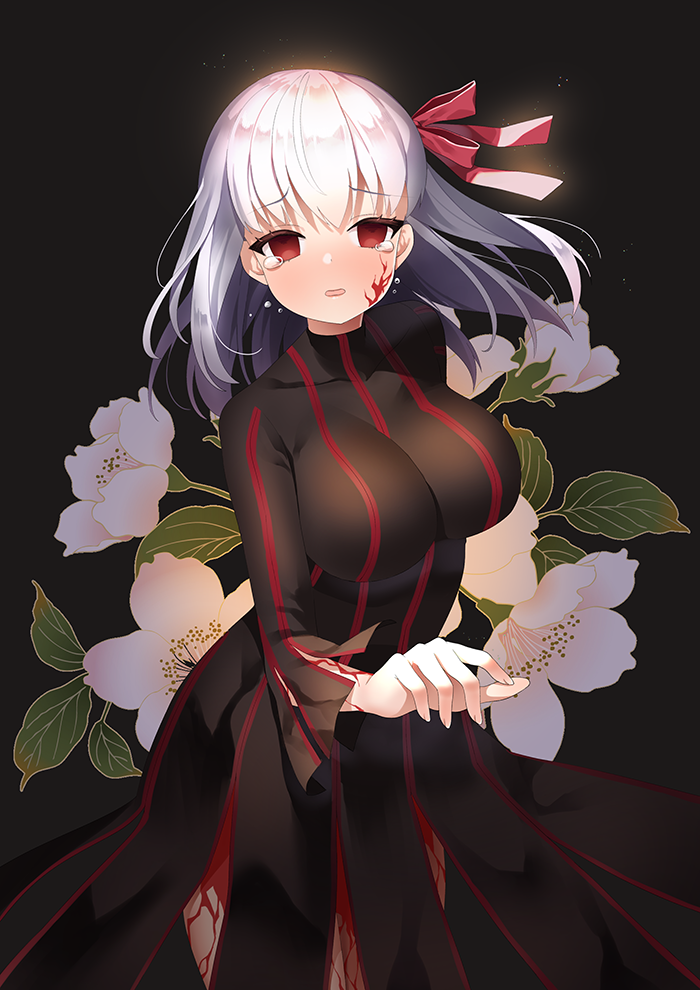 1girl black_background black_dress bow breasts cherry_blossoms cowboy_shot dark_sakura dress empty_eyes facial_mark fate/stay_night fate_(series) flower hair_bow heaven's_feel large_breasts looking_at_viewer matou_sakura moi_(latte_art) object_namesake open_mouth red_bow red_eyes short_hair simple_background solo standing tears white_hair