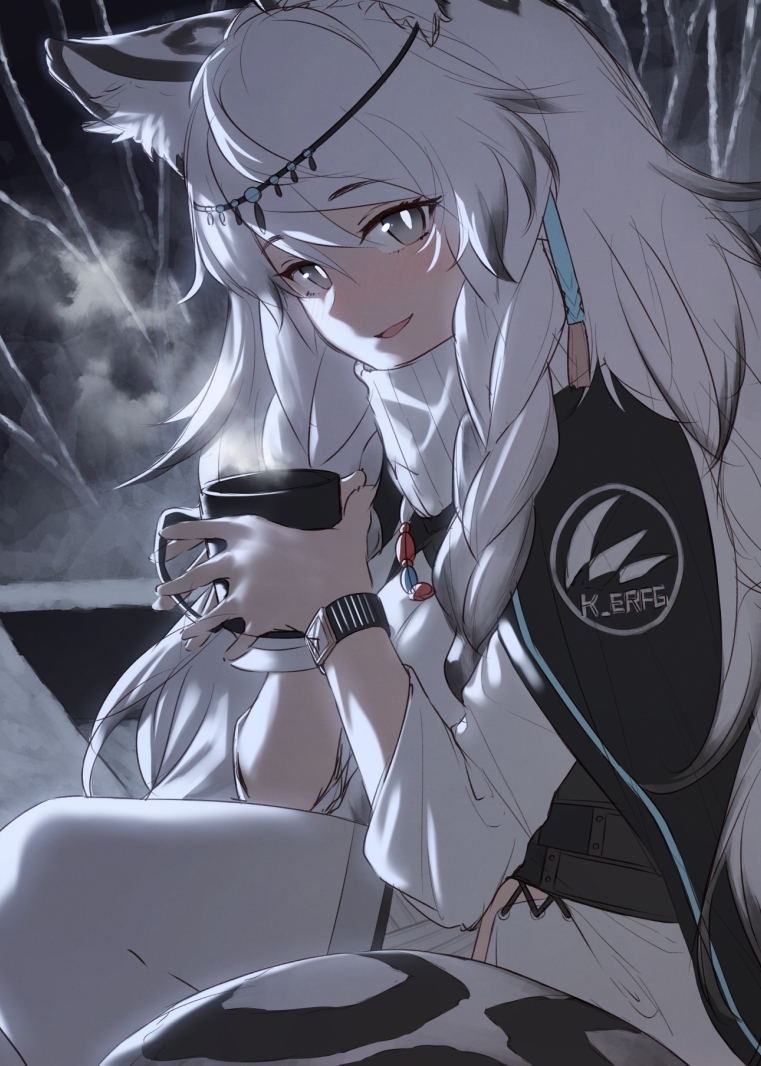 1girl animal_ear_fluff animal_ears arknights bangs bead_necklace beads black_cape blush braid breasts cape clothes_writing cup eyebrows_visible_through_hair grey_eyes grey_hair head_chain holding holding_cup ibuki_notsu jewelry leopard_ears leopard_tail long_hair mug multicolored_hair necklace open_mouth pramanix_(arknights) side_braids snow snowing solo steam tail thigh-highs turtleneck watch watch white_legwear