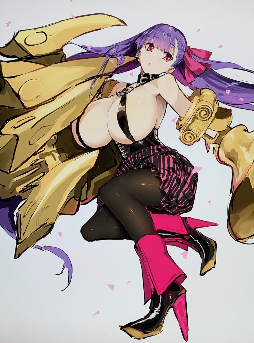 1girl breasts high_heels huge_breasts long_hair looking_back mechanical_arms open_hand original pantyhose purple_hair red_eyes sa/tsu/ki solo tights_day twintails very_long_hair