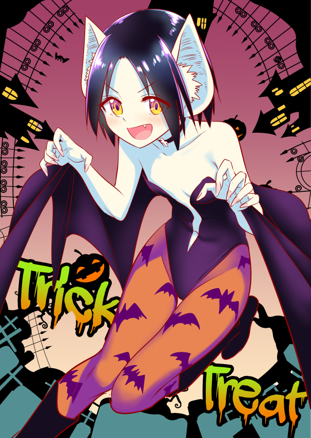 &gt;:) 1girl :d animal_ear_fluff animal_ears animal_print bare_shoulders bat_ears bat_girl bat_print bat_wings black_cape black_choker black_footwear black_hair blush boots cape center_part choker claw_pose collarbone commentary cosplay cross fang fingernails flat_chest foot_out_of_frame foot_up furrowed_eyebrows gradient gradient_background graveyard halloween halloween_costume haunted_house_(attraction) jack-o'-lantern leaning_forward leotard long_fingernails looking_at_viewer morrigan_aensland morrigan_aensland_(cosplay) murenase!_shiiton_gakuen nail_polish naughty_face navel open_mouth orange_legwear pantyhose patterned_clothing pink_nails plunging_neckline print_legwear short_hair smile solo suimori_chii vampire_(game) wings yamashita_bungo yellow_eyes