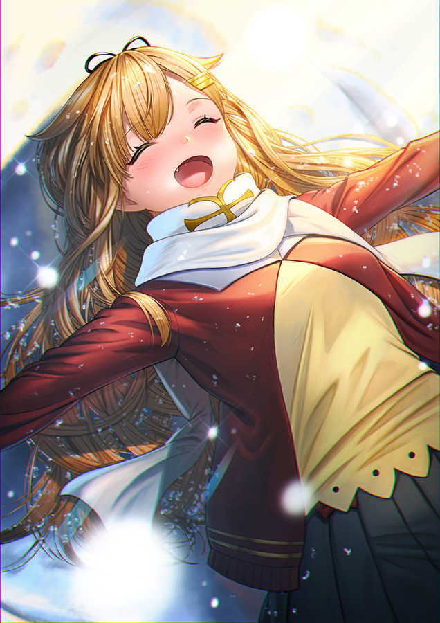 1girl ^_^ ^o^ black_ribbon black_skirt blonde_hair closed_eyes fang hair_flaps hair_ornament hair_ribbon hairclip jacket kantai_collection long_hair long_sleeves open_mouth outstretched_arms pleated_skirt red_jacket remodel_(kantai_collection) ribbon scarf skirt smile solo spread_arms unowen white_scarf yuudachi_(kantai_collection)