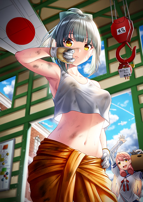 2girls :d abyssal_ship airplane_wing akashi_(kantai_collection) armpits bangs blue_sailor_collar breasts clothes_around_waist clouds cowboy_shot crop_top crop_top_overhang day dirty dirty_face doorway enemy_lifebuoy_(kantai_collection) frown gloves green_eyes green_hair hair_ribbon hand_on_hip holding hook indoors jumpsuit kantai_collection long_hair long_sleeves looking_at_viewer medium_breasts midriff multiple_girls navel open_mouth orange_jumpsuit pink_hair ponytail red_ribbon ribbon roundel sailor_collar short_hair sideboob sleeveless smile standing sweat unowen waving yellow_eyes yuubari_(kantai_collection)