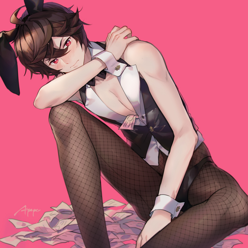 1boy animal_ears bare_arms bare_shoulders black_vest blush brown_hair commentary embarrassed endend_(shinia) feet_out_of_frame fishnet_legwear fishnets granblue_fantasy looking_away male_focus open_clothes open_shirt pantyhose paper pink_background rabbit_ears red_eyes sandalphon_(granblue_fantasy) shirt short_hair signature simple_background sitting sleeveless sleeveless_shirt solo tagme tights_day vest white_shirt wrist_cuffs