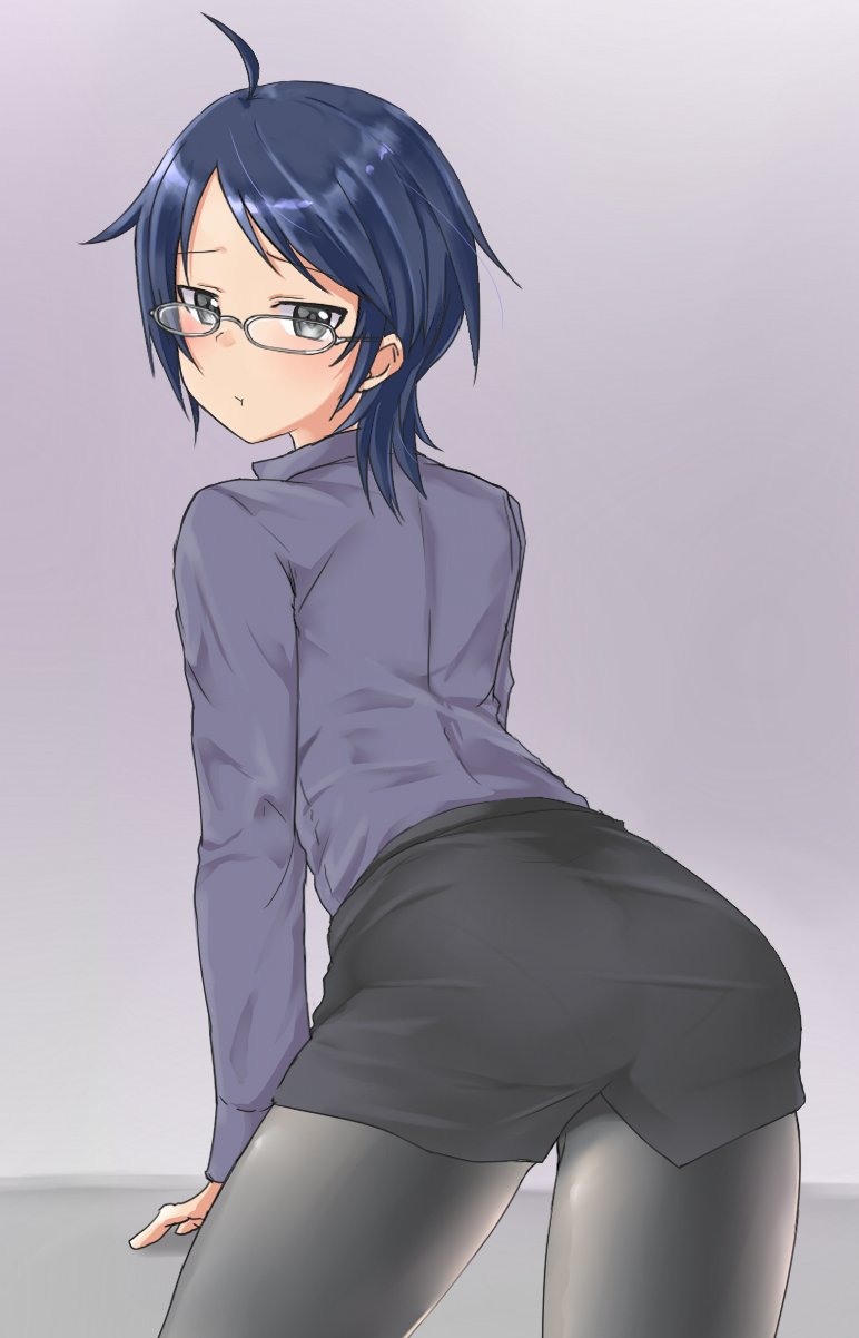 1girl :t ahoge aimobake ass bangs bespectacled black_eyes black_legwear black_skirt blue_hair blush closed_mouth dress_shirt from_behind frown glaring glasses grey-framed_eyewear grey_background grey_shirt highres idolmaster idolmaster_cinderella_girls leaning_forward long_sleeves looking_at_viewer looking_back miniskirt pantyhose pencil_skirt pout shirt short_hair skirt solo standing swept_bangs wakui_rumi