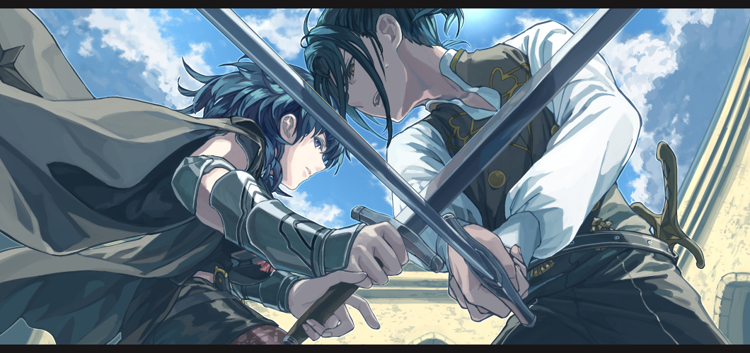 1boy 1girl armor black_pants blue_eyes blue_hair blue_sky byleth_(fire_emblem) byleth_eisner_(female) cape clouds commentary_request fighting fire_emblem fire_emblem:_three_houses from_below harusame_(rueken) holding holding_sword holding_weapon pants shirt sky sword sword_clash weapon white_shirt yellow_eyes